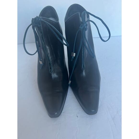 Authentic Loewe Black Leather Side Zip Almond Toe High Heel Blue Tie Booties 5 - Picture 2 of 13